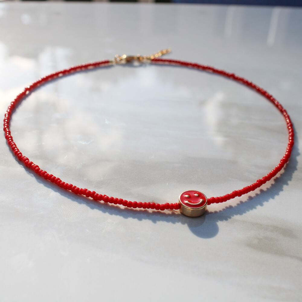 Red Smiley Face Seed Bead Necklace, Gold Finishes, Lobster Clasp 1 Inch Extender